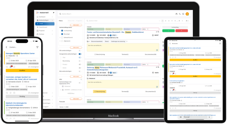 device_mockup_nl_new Voeg afbeeldingen toe van de Masernet-interface met Nederlands gelokaliseerde tekst, zoals "Leads beheren", "Relevante aanbestedingen" of "Aanbevelingen door AI
